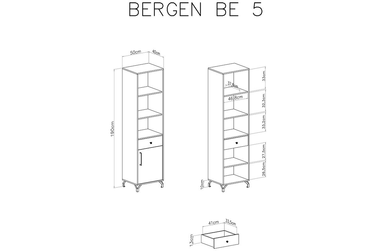 Regał Bergen 05 z szufladami 50 cm - biały wysoki regał z szufladą i szafką