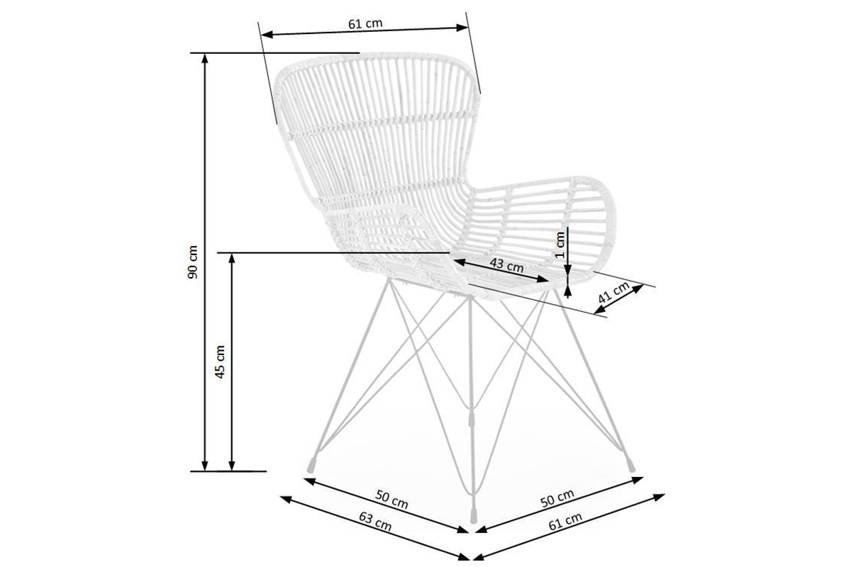 Krzesło rattanowe K335 z metalowymi nogami - naturalny / czarne nogi Krzesło K335 rattan - naturalny - wymiary