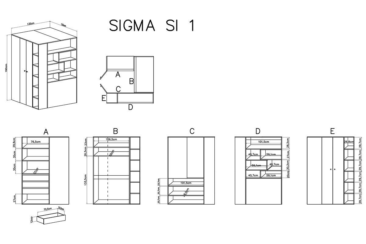 Narożna szafa Sigma SI1 L/P z półkami 135 cm - biały lux / beton Szafa narożna Sigma SI1 L/P - biały lux / beton - schemat