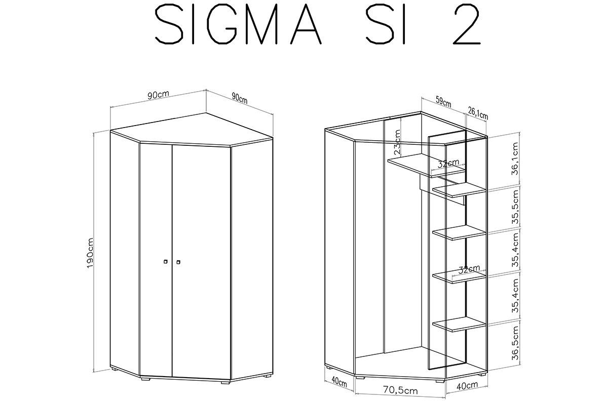 Szafa narożna Sigma SI2 L/P do pokoju młodzieżowego 90 cm - biały lux / beton Szafa narożna Sigma SI2 L/P do pokoju młodzieżowego - biały lux / beton - schemat