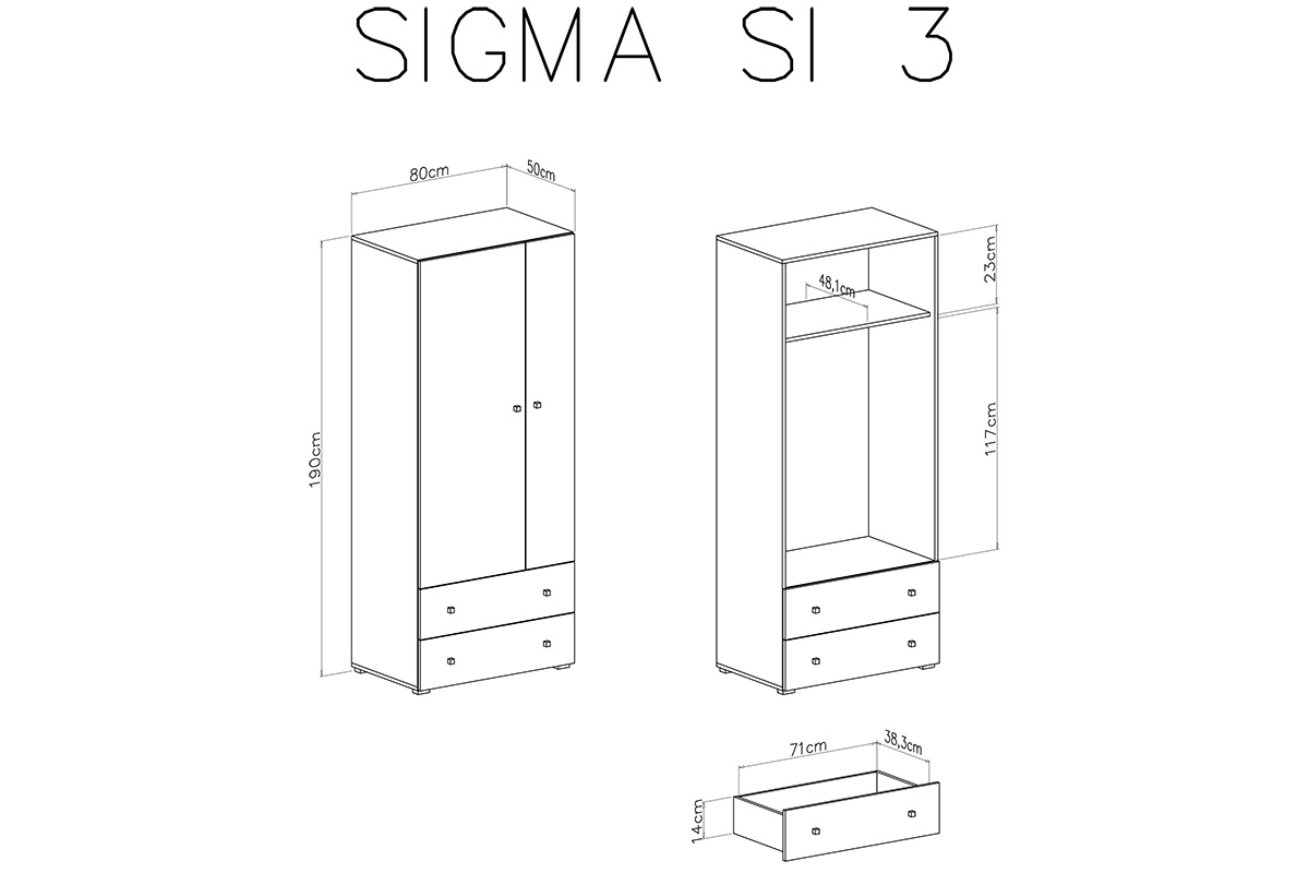 Szafa młodzieżowa Sigma SI3 L/P z szufladami 80 cm - biały lux / beton Szafa dwudrzwiowa z dwiema szufladami Sigma SI3 L/P do pokoju młodzieżowego - biały lux / beton - schemat