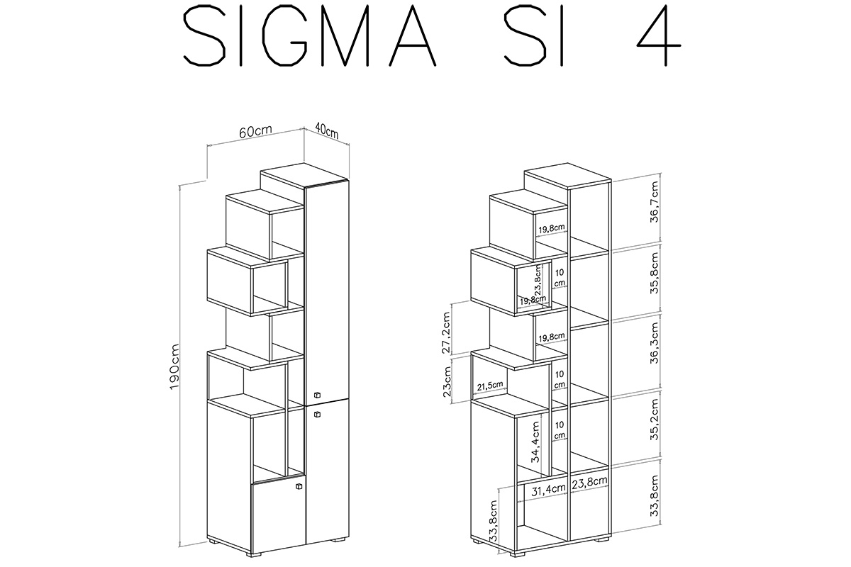 Regał młodzieżowy Sigma SI4 z wnękami 60 cm - biały lux / beton / dąb Regał trzydrzwiowy z wnękami Sigma SI4 do pokoju młodzieżowego - biały lux / beton / dąb - schemat