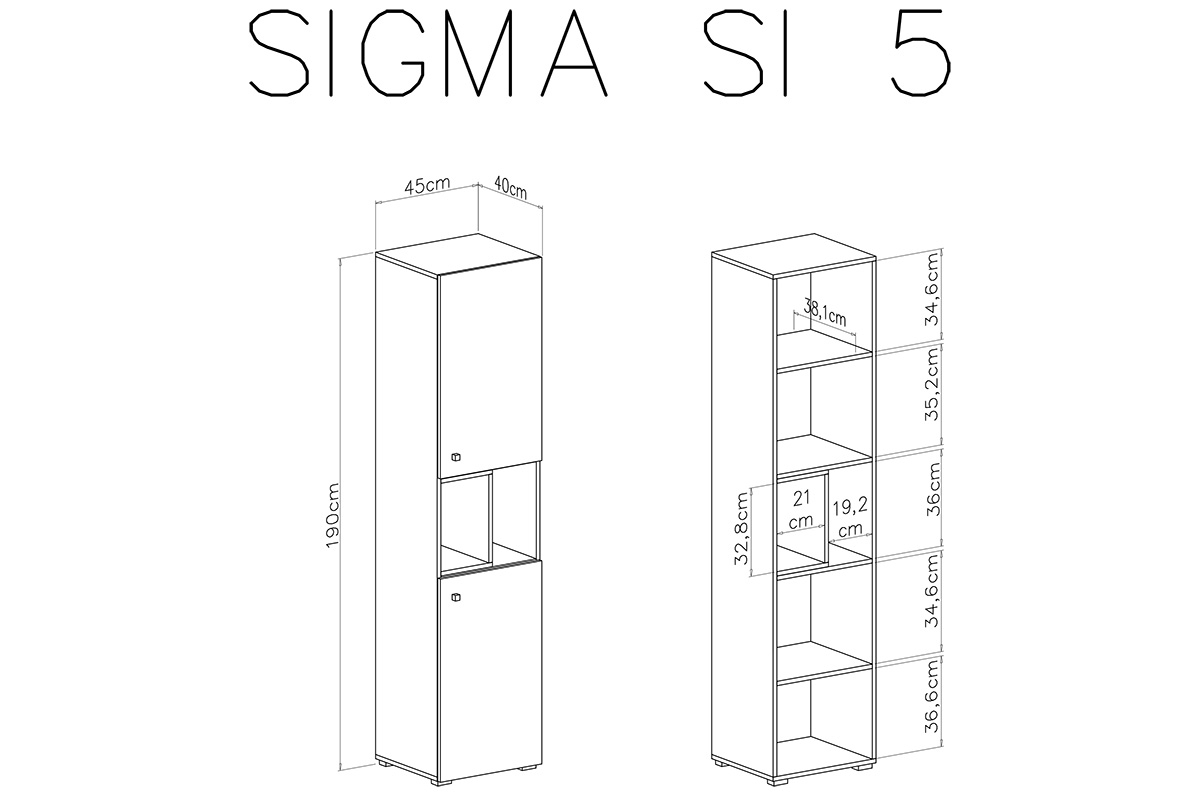 Regał młodzieżowy Sigma SI5 L/P - 45 cm - biały lux / beton / dąb Regał dwudrzwiowy z wnękami Sigma SI5 L/P do pokoju młodzieżowego - biały lux / beton / dąb - schemat
