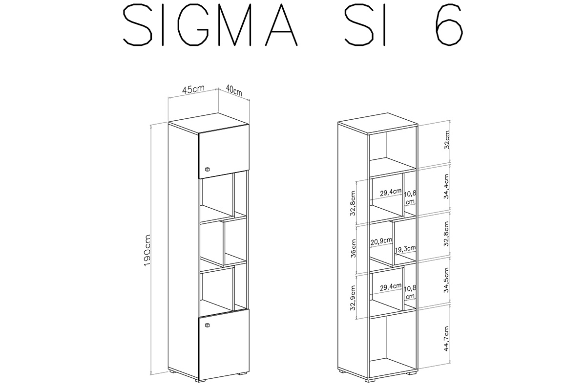 Regał młodzieżowy Sigma SI6 L/P - 45 cm - biały lux / beton Regał dwudrzwiowy z wnękami Sigma SI6 L/P do pokoju młodzieżowego - biały lux / beton - schemat