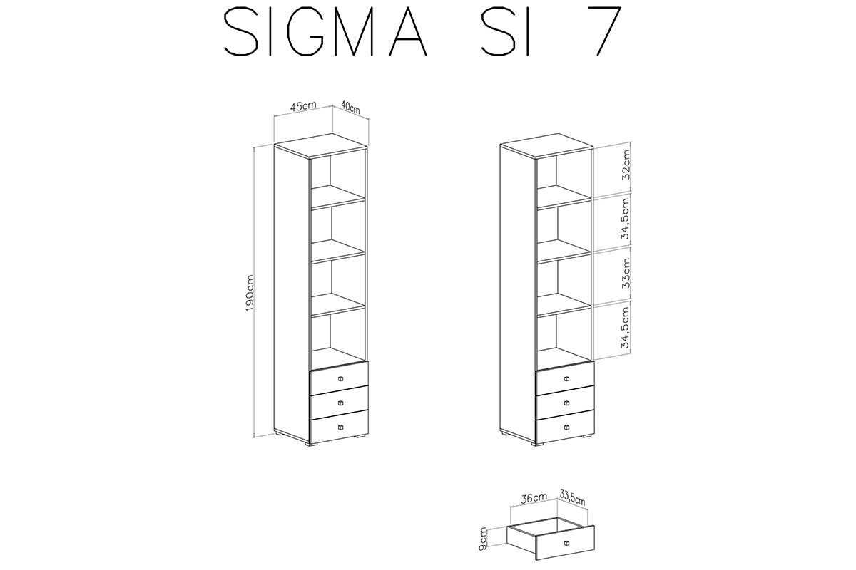 Regał młodzieżowy Sigma SI7 z szufladami 45 cm - biały lux / beton Regał z trzema szufladami Sigma SI7 do pokoju młodzieżowego - biały lux / beton  - schemat