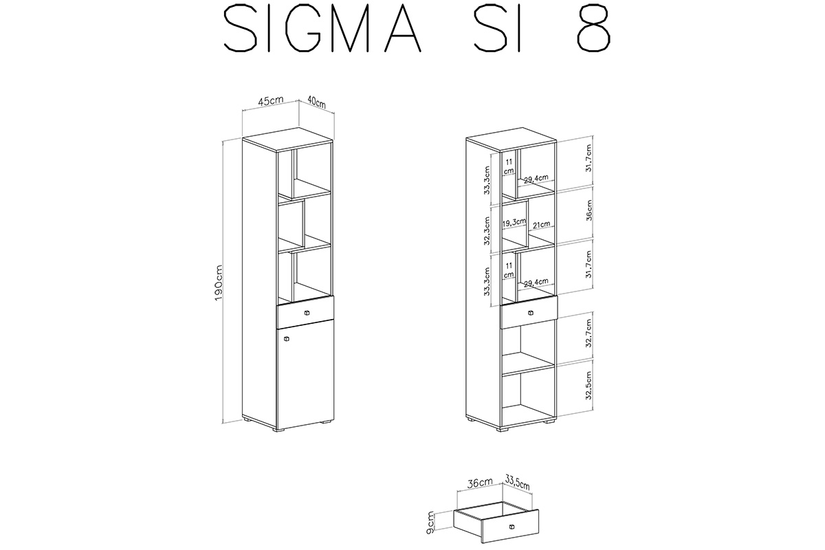Regał młodzieżowy Sigma SI8 L/P z szufladą 45 cm - biały lux / beton Regał jednodrzwiowy z szufladą i wnękami Sigma SI8 L/P do pokoju młodzieżowego - biały lux / beton - schemat