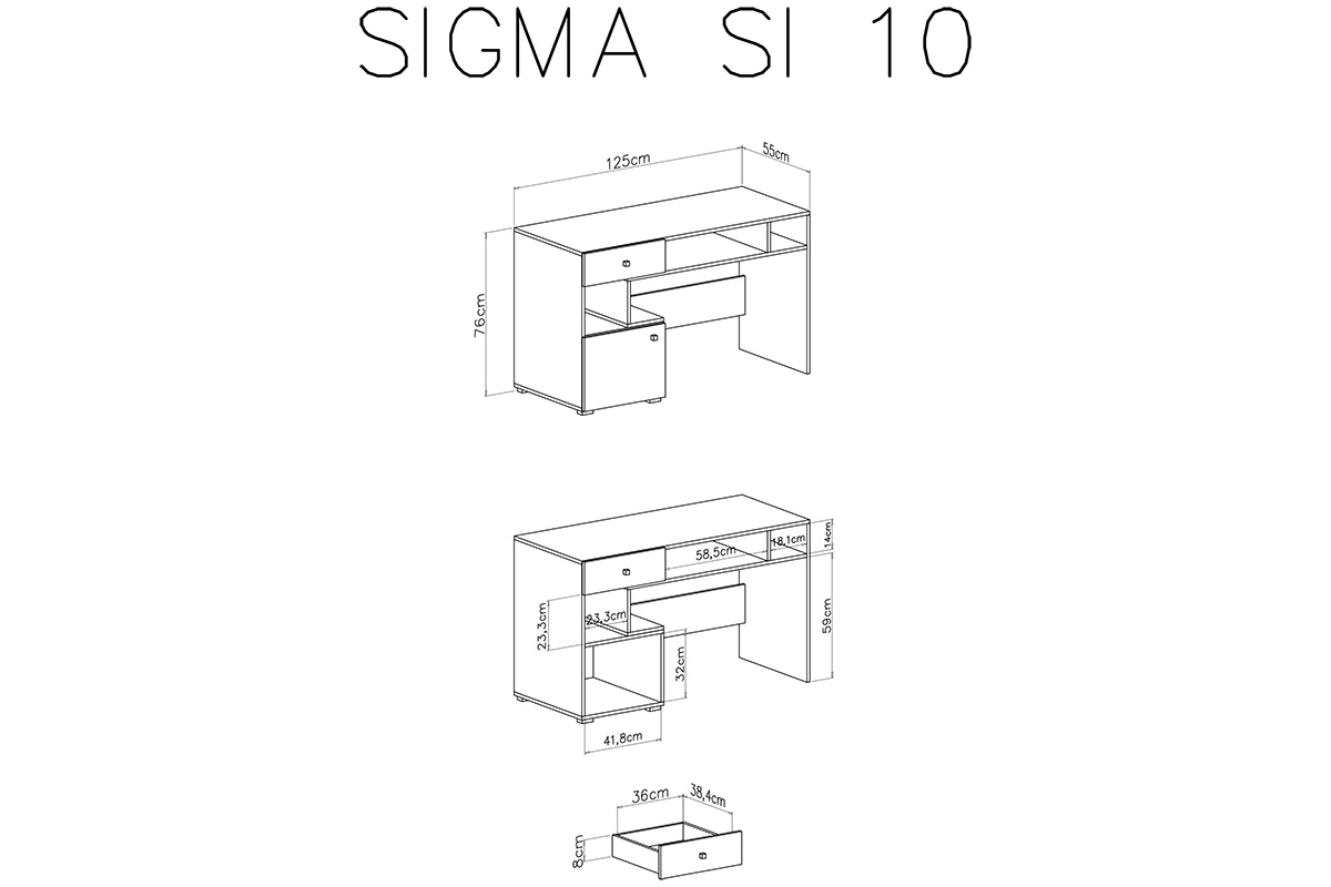 Biurko młodzieżowe Sigma SI10 z szufladą 125 cm - biały lux / beton Biurko jednodrzwiowe z szufladą i wnękami Sigma SI10 do pokoju młodzieżowego - biały lux / beton - schemat