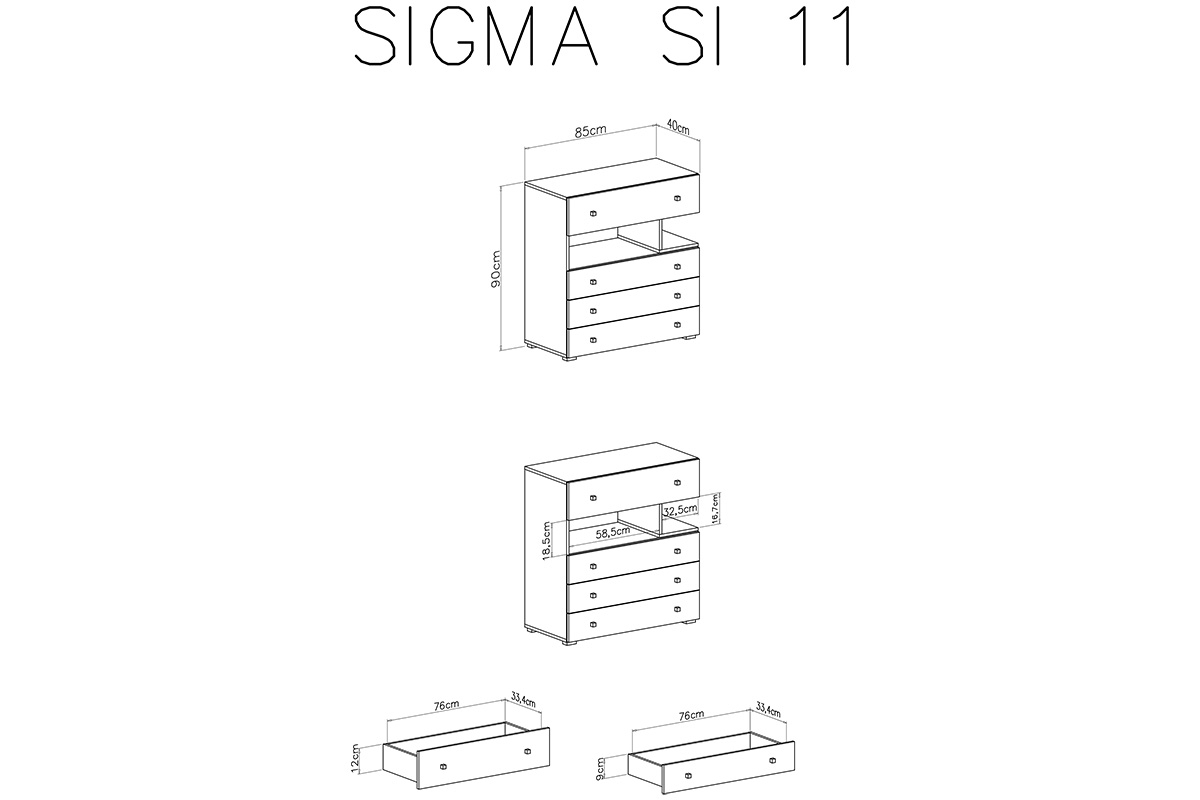 Komoda młodzieżowa Sigma SI11 z szufladami 85 cm - biały lux / beton / dąb Komoda z czterema szufladami Sigma SI11 do pokoju młodzieżowego - biały lux / beton / dąb - schemat
