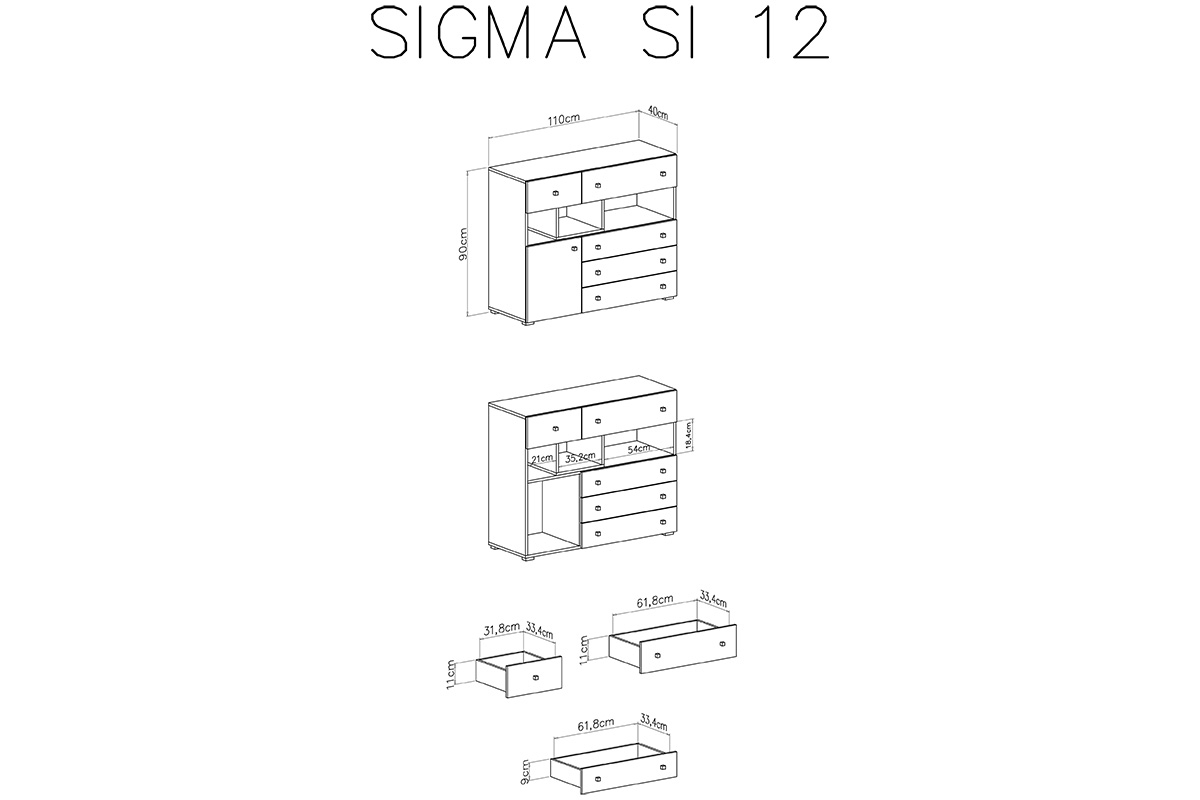 Komoda młodzieżowa Sigma SI12 z szufladami 110 cm - biały lux / beton / dąb Komoda jednodrzwiowa z pięcioma szufladami i wnękami Sigma SI12 do pokoju młodzieżowego - biały lux / beton / dąb - schemat