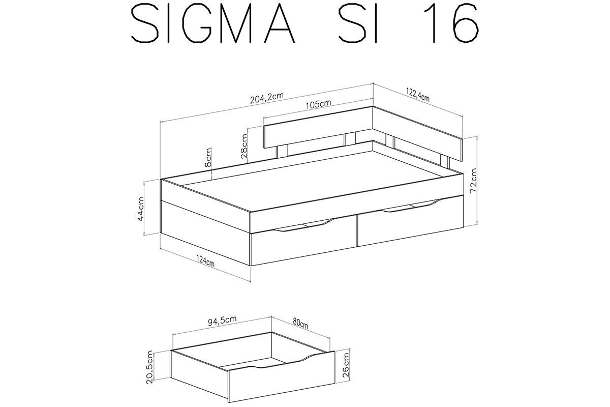 Łóżko młodzieżowe Sigma SI16 L/P z szufladami 120x200 - biały lux / beton Łóżko młodzieżowe z dwiema szufladami 120x200 Sigma SI16 L/P - biały lux / beton - schemat