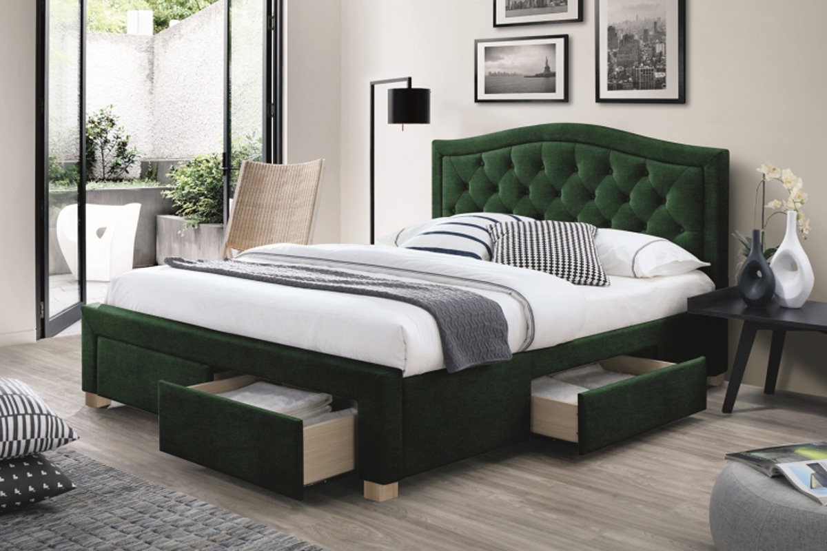 Łóżko tapicerowane Electra Velvet 160x200 - zielony / dąb zielone tapicerowane łóżko z pikowanym wezgłowiem