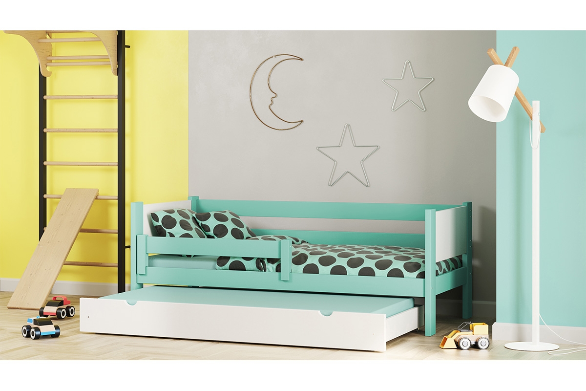 Łóżko dziecięce Denis parterowe wyjazdowe łóżko pietrowe, drewniane niskie