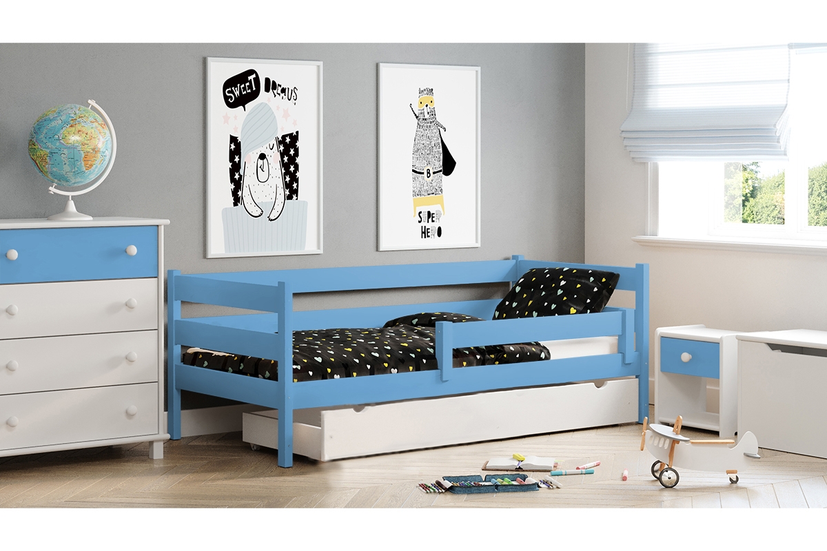 Łóżko dziecięce drewniane Ola II niebieskie łóżko z jedną szufladą