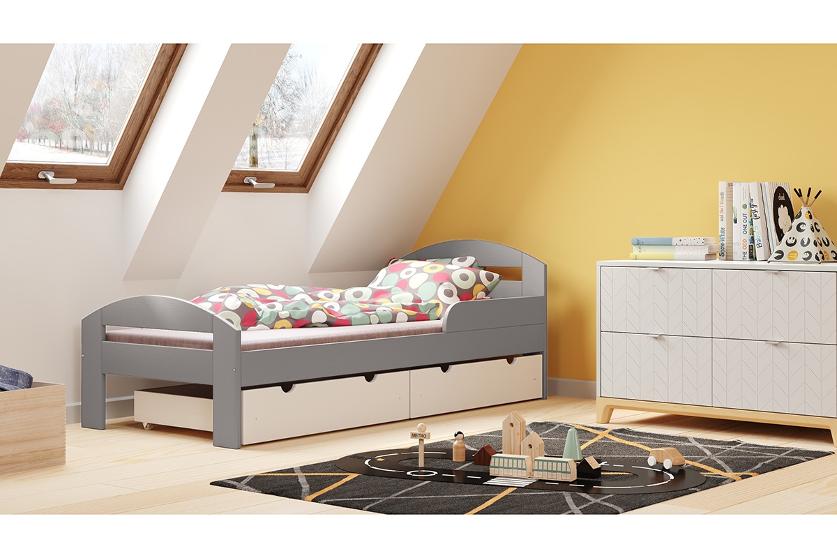 Łóżko dziecięce drewniane Wiki szare łóżko z białymi szufladami 