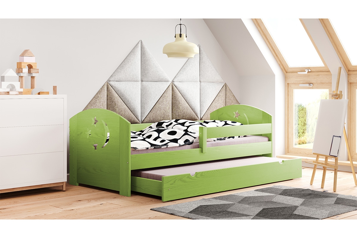 Łóżko dziecięce drewniane wyjazdowe Stars - Moon DP 021 Certyfikat zielone łóżko piętrowe nieskie