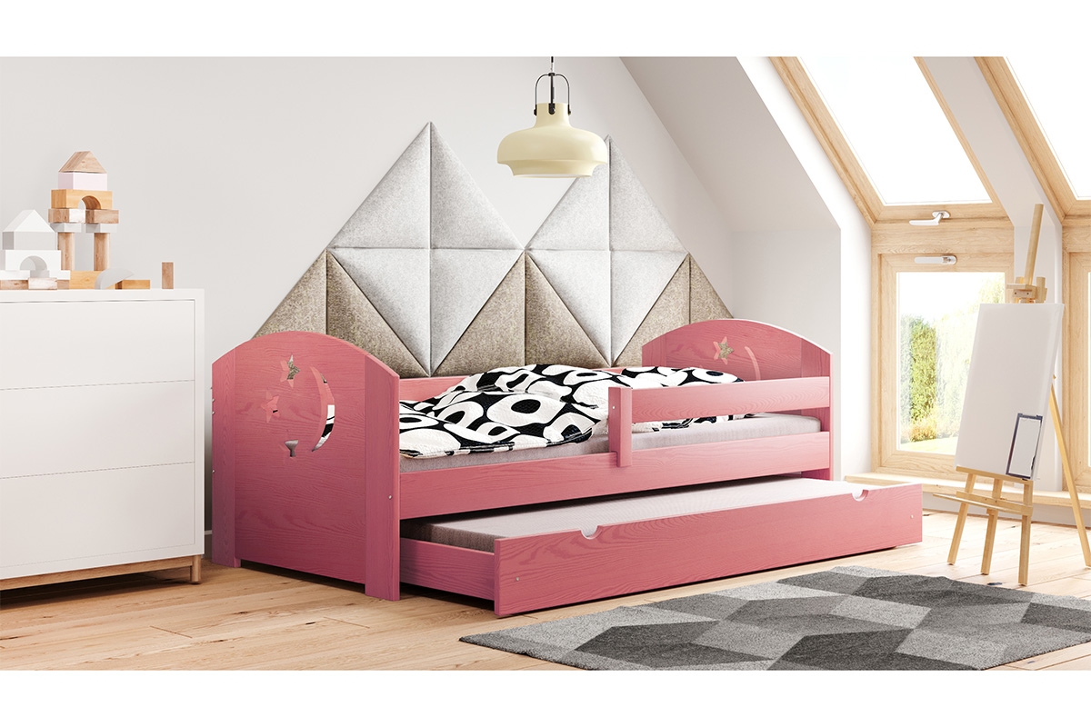 Łóżko dziecięce drewniane wyjazdowe Stars - Moon DP 021 Certyfikat różowe łóżko dziecięce