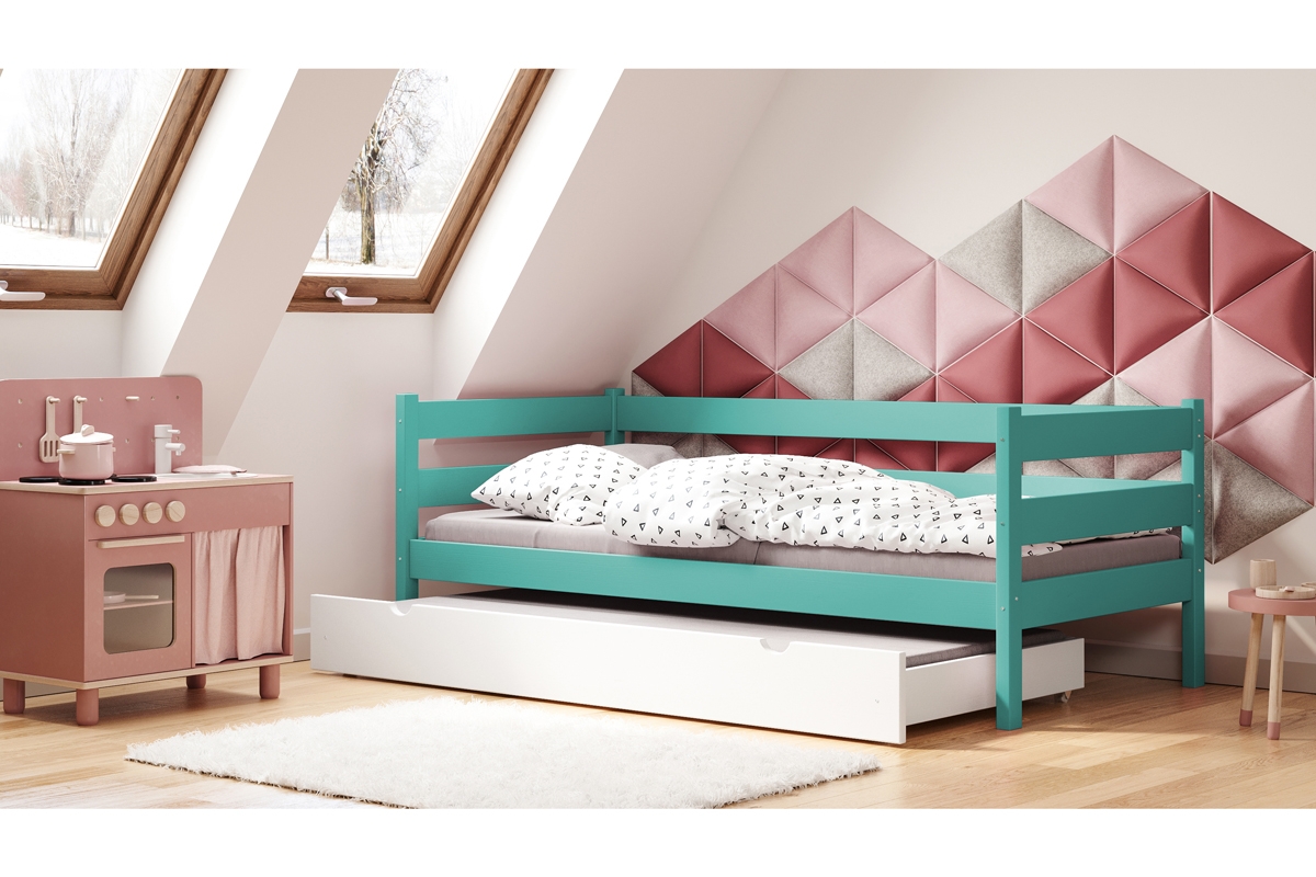 Łóżko dziecięce drewniane wysuwane Ola II miętowe łóżko z szufladą z funkcją spania