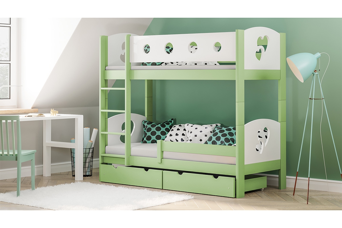 Łóżko Marcelina piętrowe z motywem serc zielone łóżko dziecięce