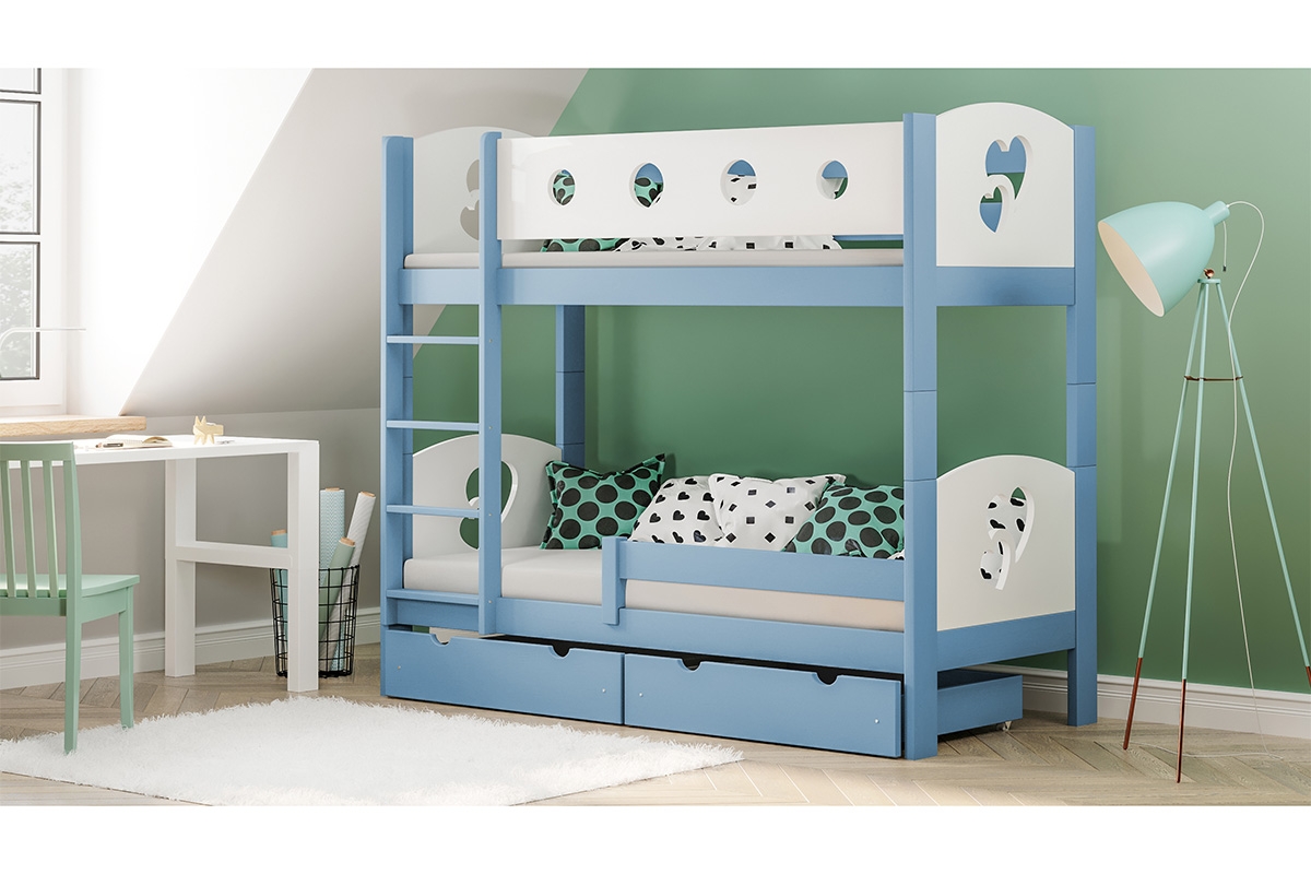 Łóżko Marcelina piętrowe z motywem serc niebieskie łóżko piętrowe