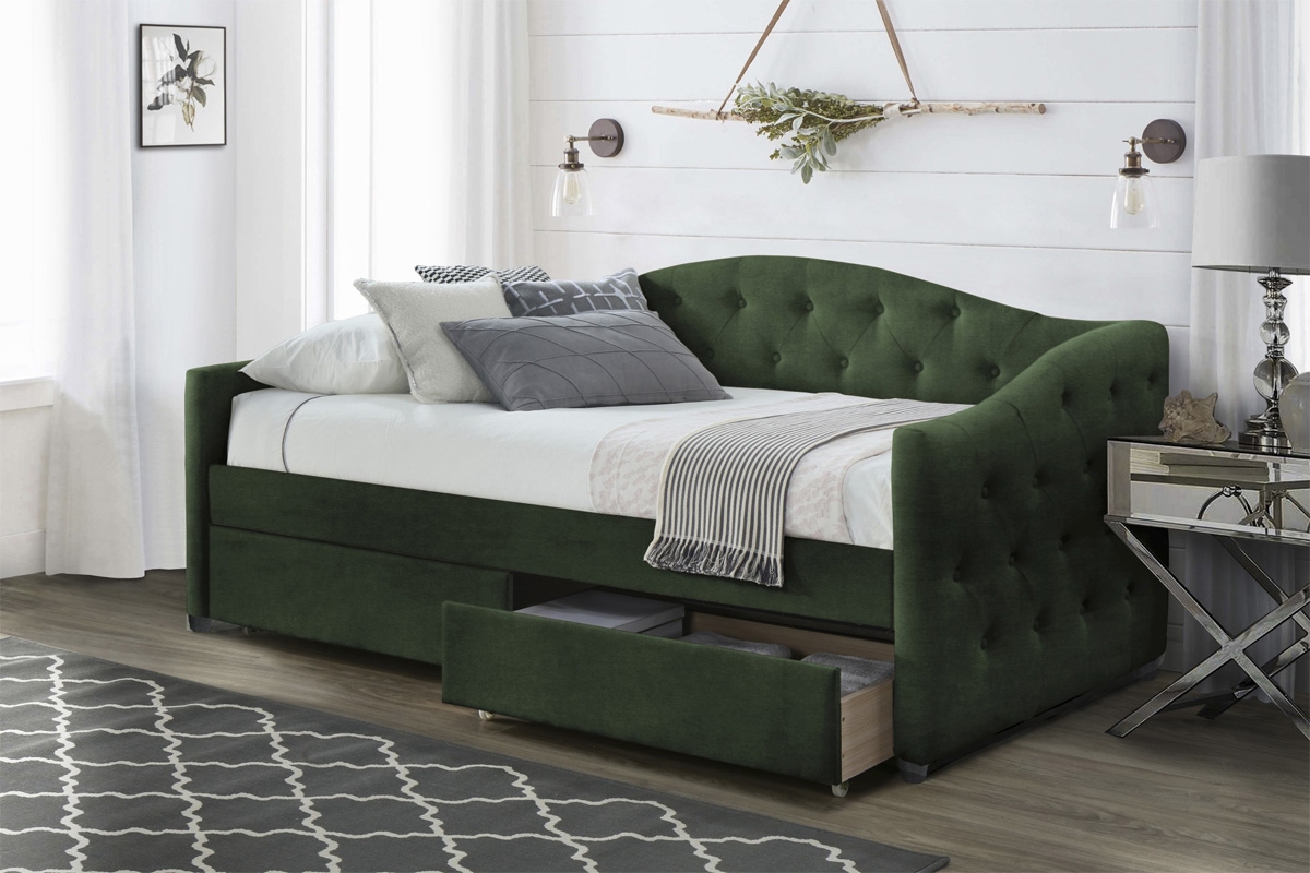 Łóżko z szufladami Aloha 90x200 - ciemny zielony łóżko jednoosobowe w stylu chesterfield z zieloną tapicerką