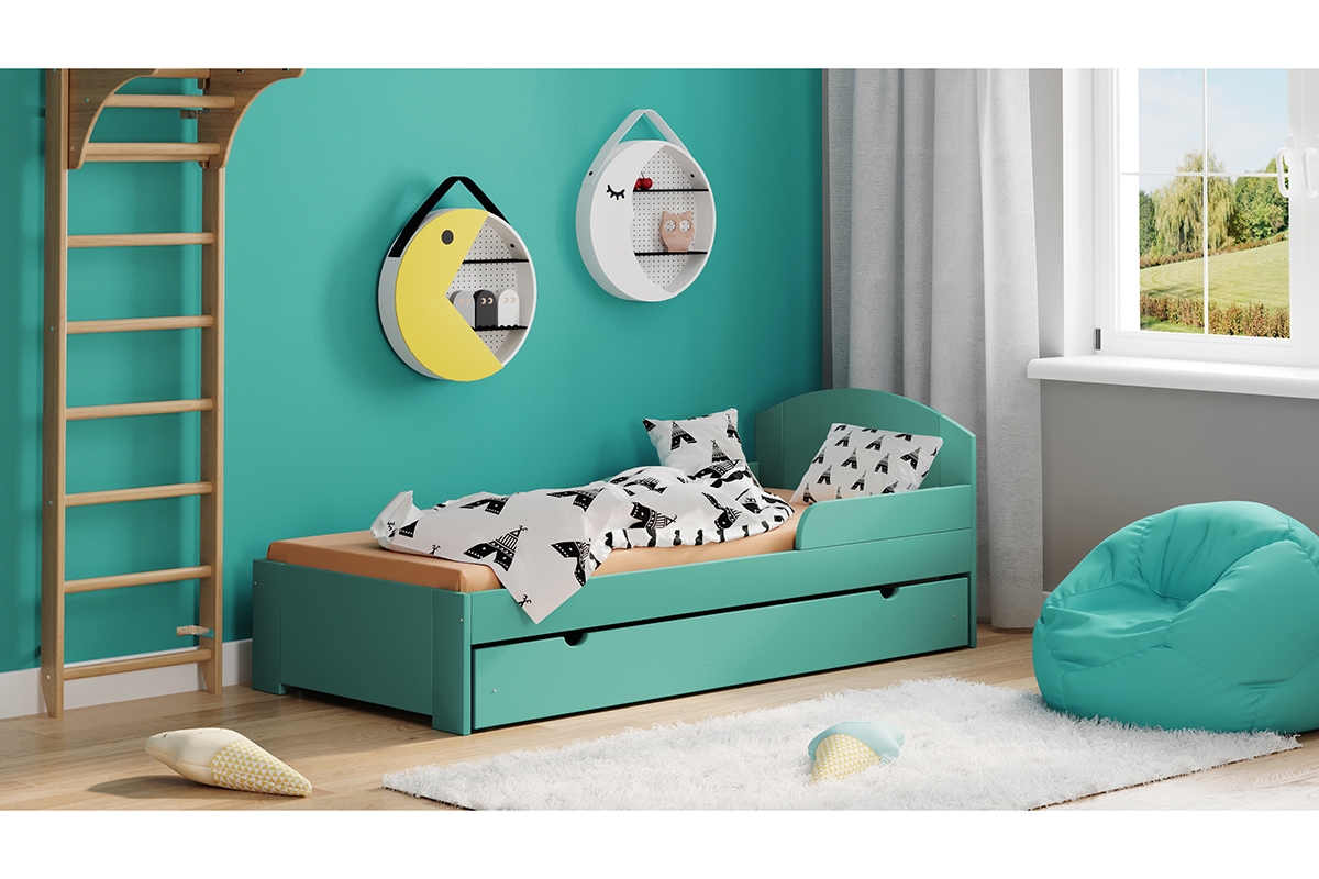 Łóżko dziecięce Fibi II parterowe wysuwane łóżko drewniane w kolorze mięty