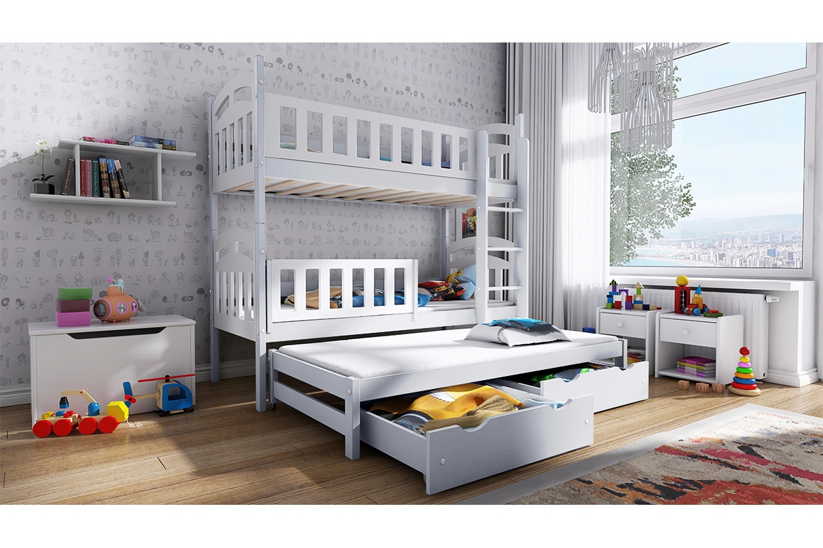 Łóżko piętrowe wysuwane 3 osobowe Nati białe łóżko piętrowe drewniane
