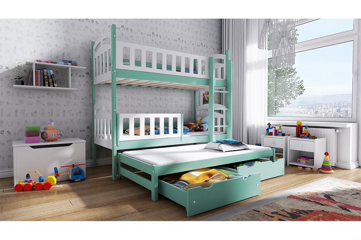 Łóżko piętrowe wysuwane 3 osobowe Nati łóżko w kolorze pastelowym