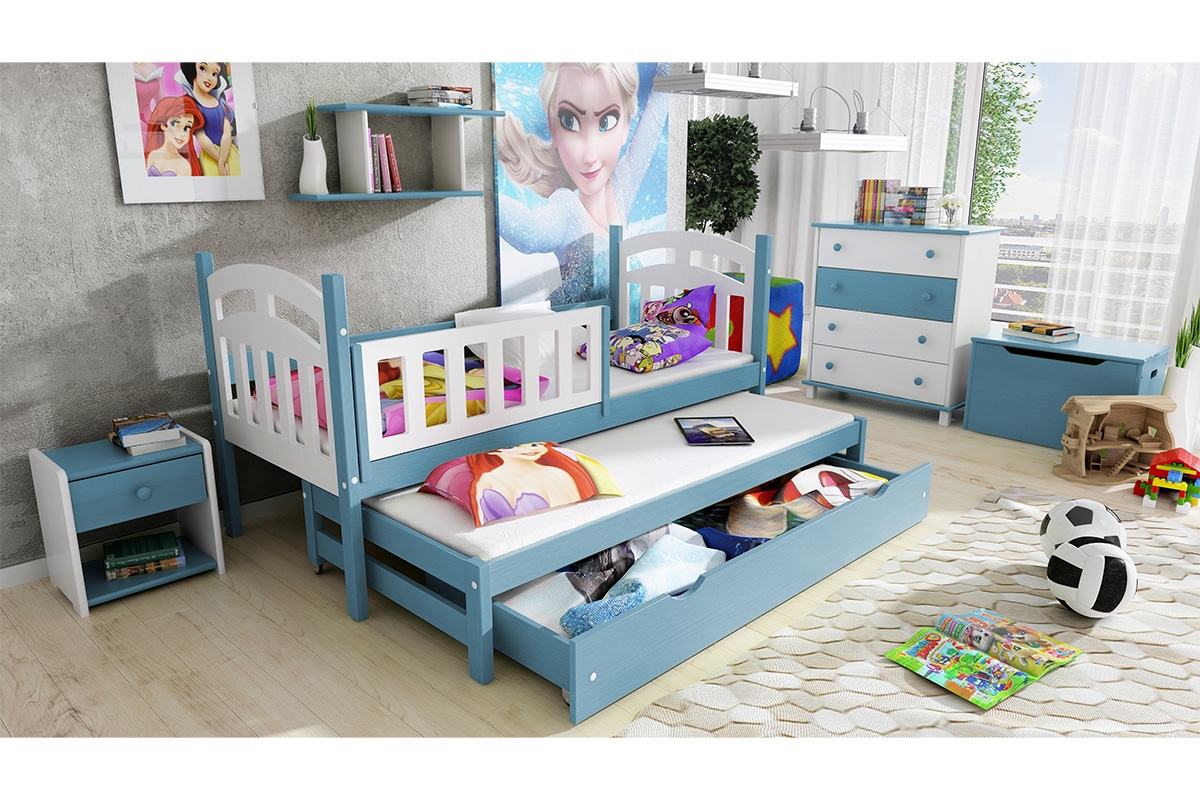 Łóżko parterowe wysuwane 2 osobowe Nati niebiesko-białe łóżko drewniane