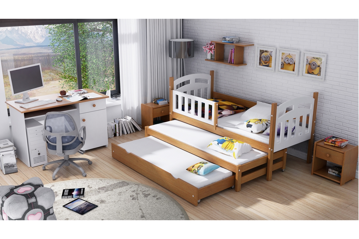 Łóżko parterowe wysuwane 3 osobowe Nati z szufladą z funkcją spania łóżko dziecięce z barerką