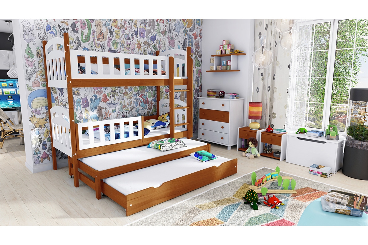 Łóżko piętrowe 4 osobowe Nati, z szufladą z funkcją spania łóżko drewniane w kolorze olchy