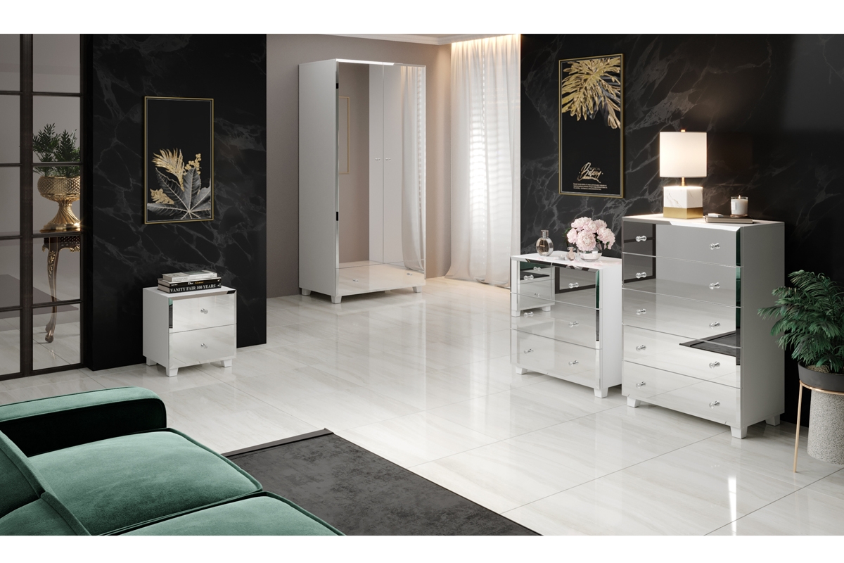 Trzydrzwiowa szafa Bellagio 19 z lustrzanym frontem i szufladami 129 cm - biały mat / lustro zestaw mebli do pokoju