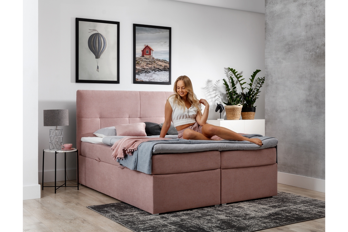 Łóżko kontynentalne z pojemnikami Arturo - 160x200 różowe łóżko sypialniane z materacem 
