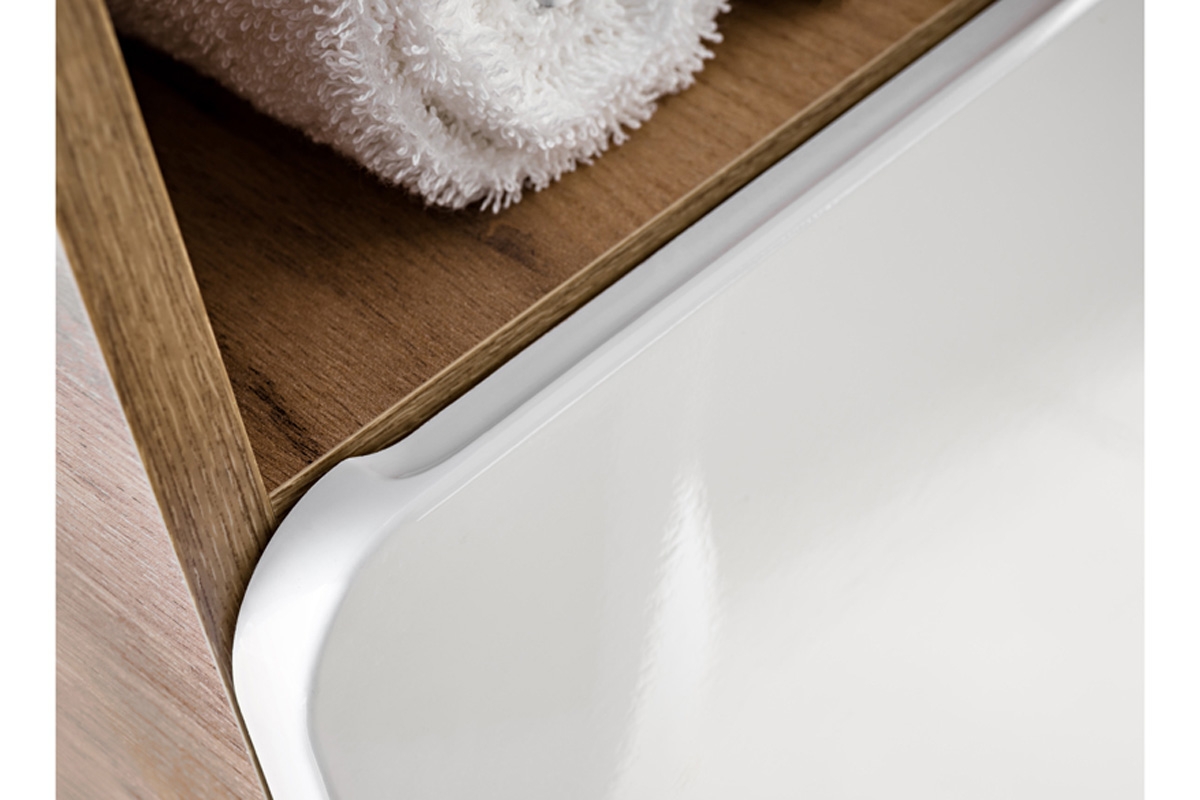 Wysoka szafka łazienkowa Aruba 804 z koszem na pranie 35 cm - biały połysk/dąb złoty froWysoka szafka łazienkowa Aruba z koszem na pranie 35 cm - biały połysk