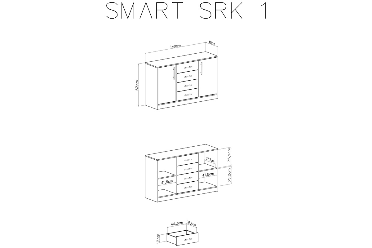 Dwudrzwiowa komoda Smart SRK1 z szufladami 140 cm - biały lux / dąb sonoma Duża komoda dwudrzwiowa z czterema szufladami Smart SRK1 - biały lux / dąb sonoma - schemat