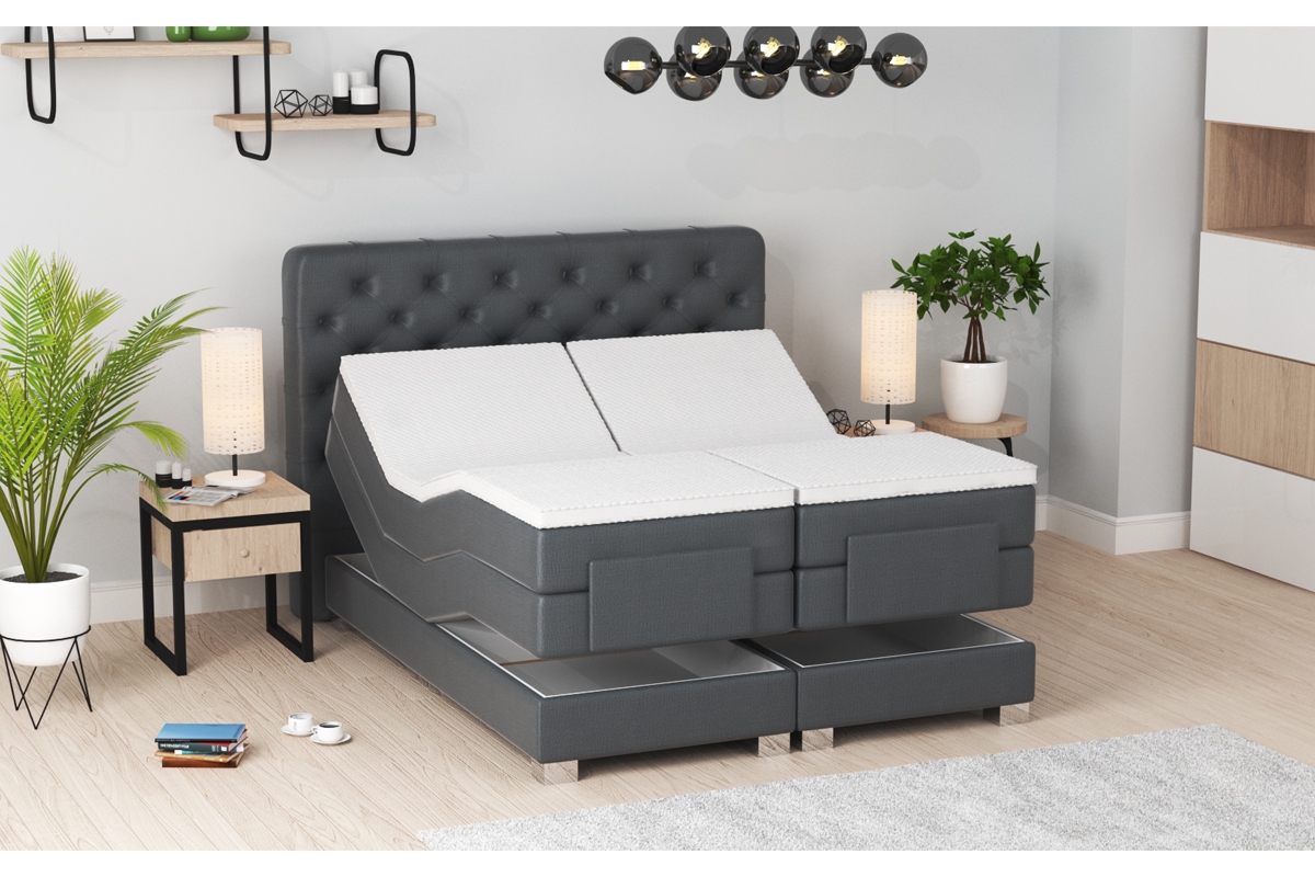 Łóżko elektrycznie sterowane z pikowanym wezgłowiem Jadeita - 160x200  łóżko z regulacją pozycji materaca