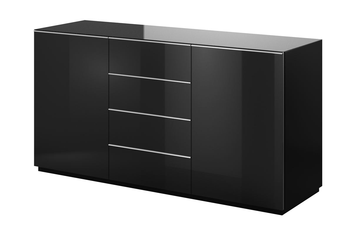 Dwudrzwiowa komoda Helio 26  z czterema szufladami 160 cm - czarny / czarne szkło komoda z szufladami 