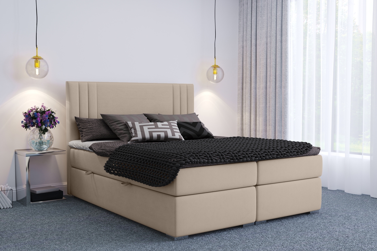 Łóżko kontynentalne z pojemnikami Cyntia - 140x200 beżowe łóżko z dekoracyjnym wezgłowiem 