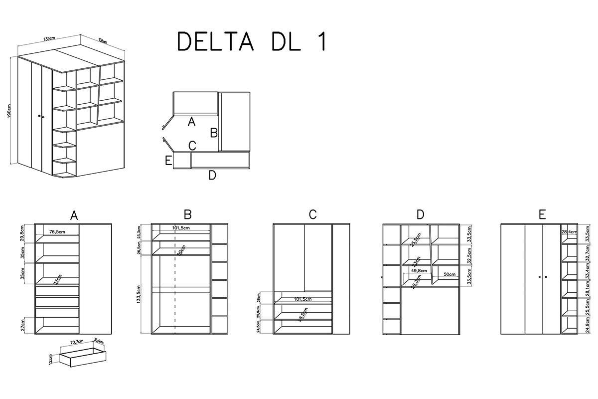 Szafa narożna Delta DL1 L/P - 135 cm - dąb / antracyt Szafa narożna Delta DL1 L/P - dąb / antracyt - schemat