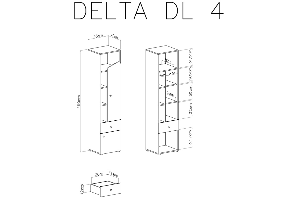 Regał młodzieżowy Delta DL4 z szufladą 45 cm - dąb / antracyt Regał młodzieżowy dwudrzwiowy z szufladą Delta DL4 - dąb / antracyt - schemat