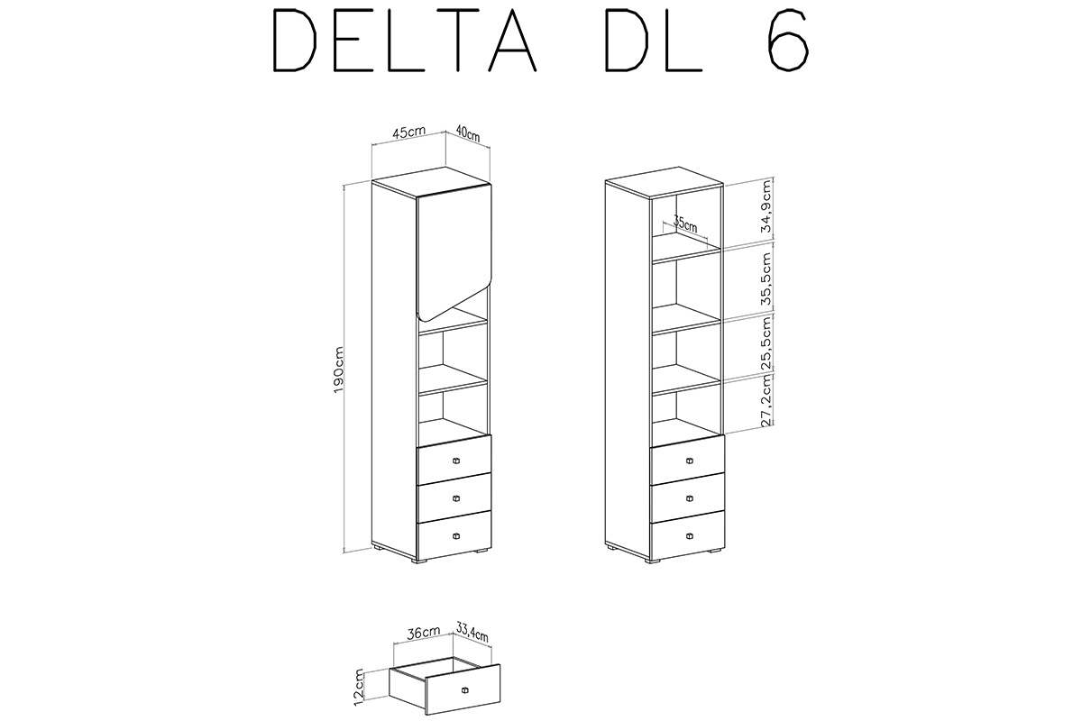 Regał młodzieżowy Delta DL6 z szufladami 45 cm - dąb / antracyt Regał młodzieżowy jednodrzwiowy z trzema szufladami Delta DL6 - dąb / antracyt - schamat