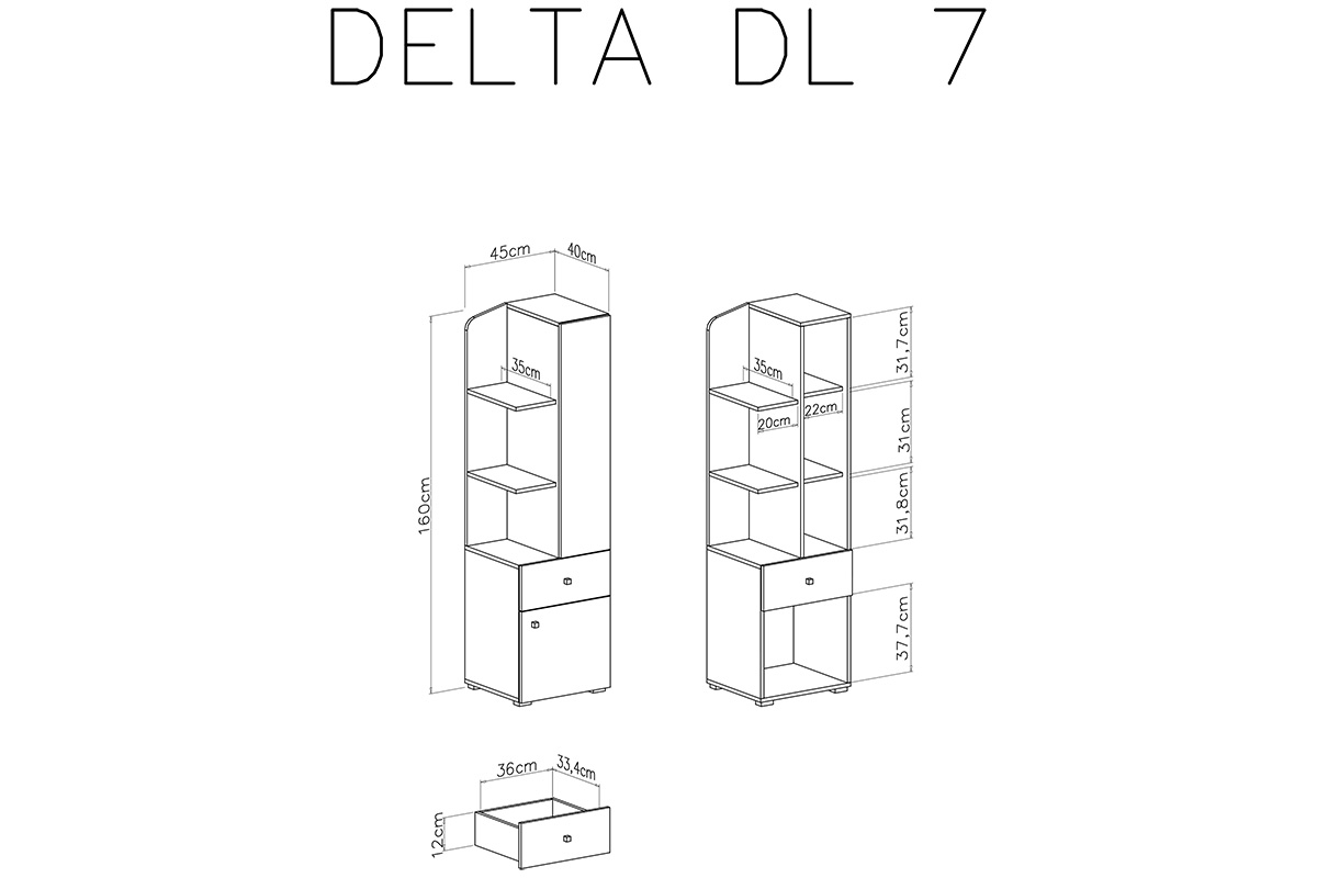  Regał młodzieżowy Delta DL7 z szufladą 45 cm - dąb / antracyt Regał młodzieżowy dwudrzwiowy z szufladą i półkami Delta DL7 - dąb / antracyt - schemat