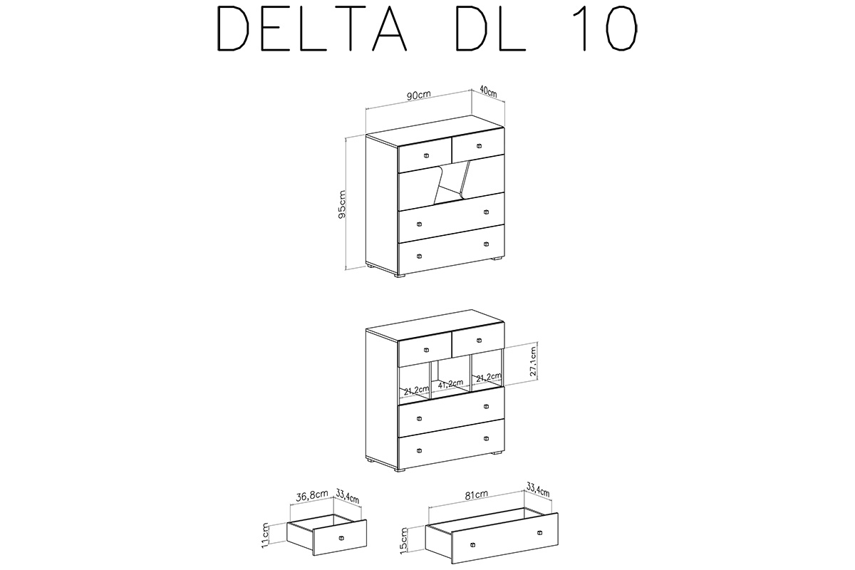 Komoda młodzieżowa Delta DL10 z szufladami 90 cm - dąb / antracyt Komoda młodzieżowa z czterema szufladami Delta DL10 - dąb / antracyt - wymiary