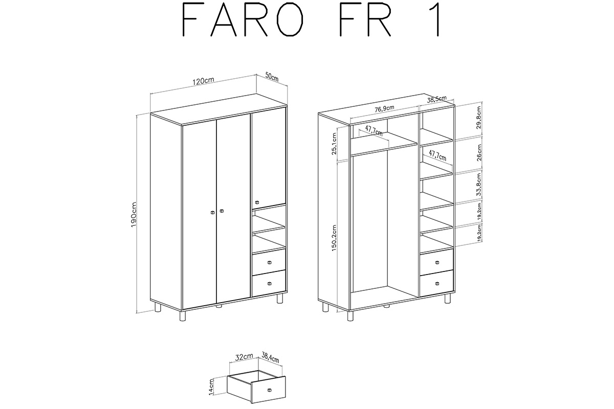Szafa młodzieżowa Faro FR 1 z szufladami 120 cm - biały lux / dąb artisan / szary Szafa młodzieżowa trzydrzwiowa z dwoma szufladami i półkami Faro FR1 - biały lux / dąb artisan / szary - wymiary