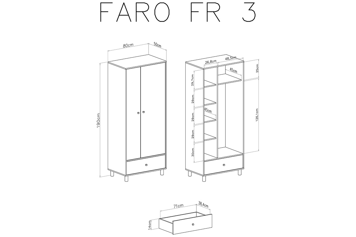Szafa młodzieżowa Faro FR3 z szufladą 80 cm - biały lux / dąb artisan / szary Szafa młodzieżowa dwudrzwiowa z szufladą Faro FR3 - biały lux / dąb artisan / szary - wymiary