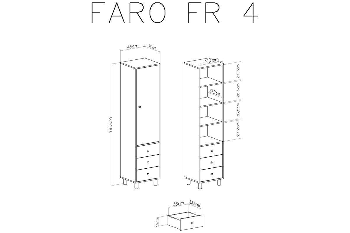 Regał Faro FR4 z szufladami 45 cm - biały lux / dąb artisan / szary Regał młodzieżowy jednodrzwiowy z trzema szufladami Faro FR4 - biały lux / dąb artisan / szary - wymiary
