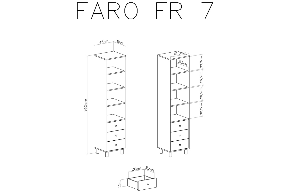 Regał Faro FR7 z szufladami 45 cm - biały lux / dąb artisan / szary Regał młodzieżowy z trzema szufladami Faro FR7 - biały lux / dąb artisan / szary - schemat
