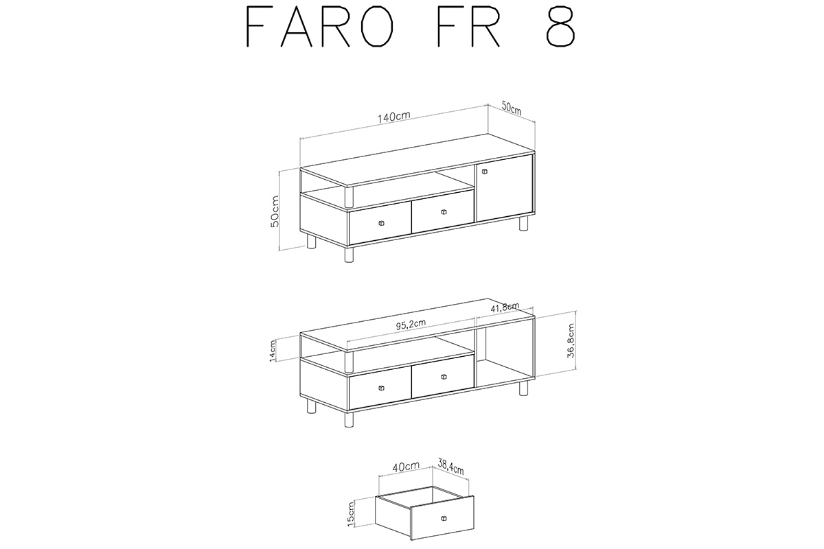 Szafka RTV Faro FR8 z szufladami 140 cm - biały lux / dąb artisan / szary Szafka RTV Faro FR8 - biały lux / dąb artisan / szary - schemat