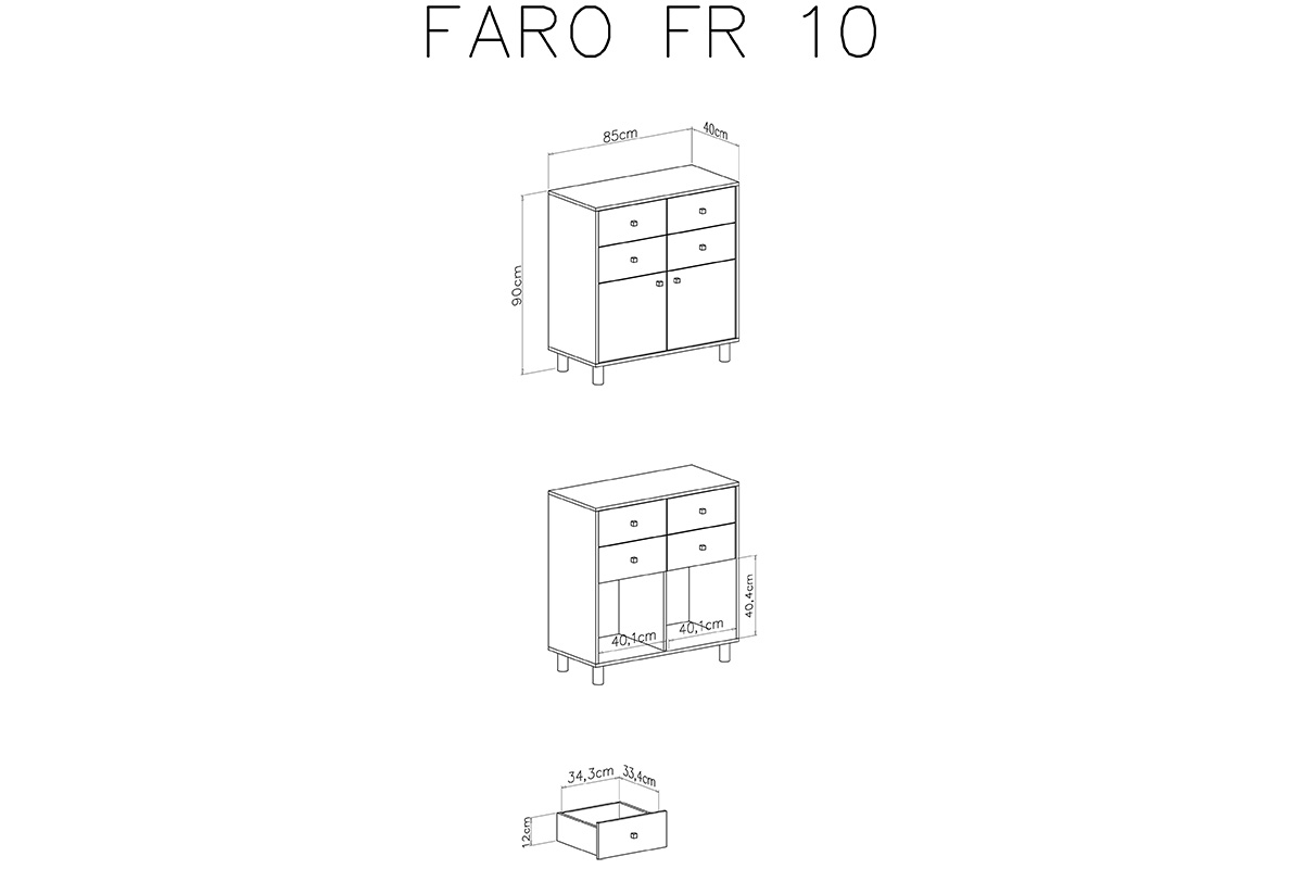 Komoda Faro FR10 z szufladami 85 cm - biały lux / dąb artisan / szary Komoda młodzieżowa dwudrzwiowa z czterema szufladami Faro FR10 - biały lux / dąb artisan / szary - schemat