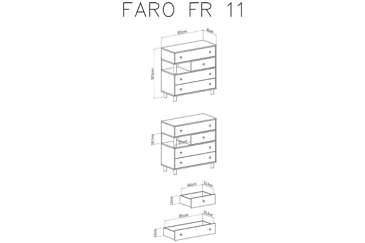 Komoda Faro FR11 z szufladami 90 cm - biały lux / dąb artisan / szary Komoda młodzieżowa z czterema szufladami i wnęką Faro FR11 - biały lux / dąb artisan / szary - schemat
