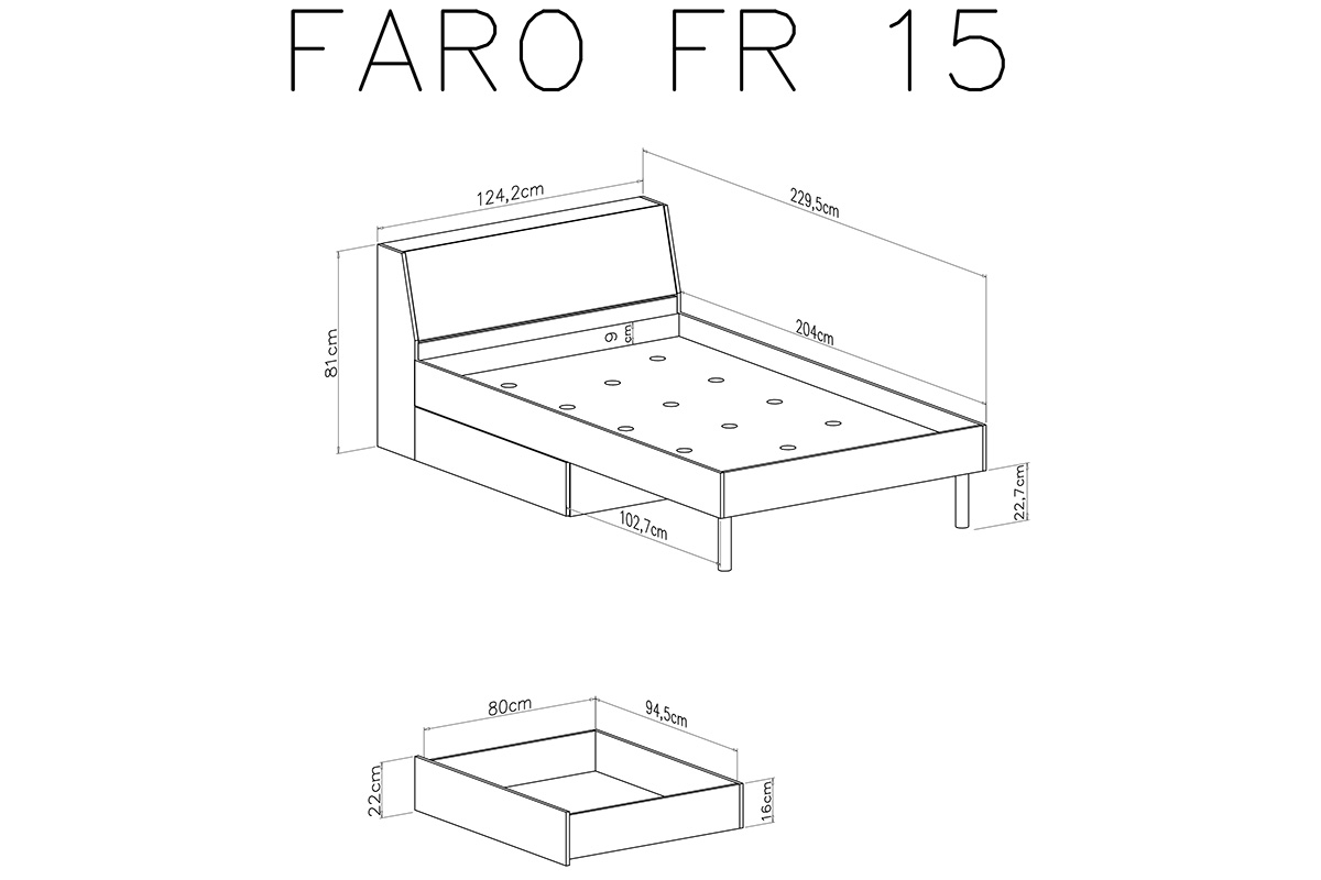 Łóżko młodzieżowe Faro FR15 - 120x200  - biały lux / dąb artisan / szary Łóżko młodzieżowe 120x200 Faro FR15 - biały lux / dąb artisan / szary - wymiary